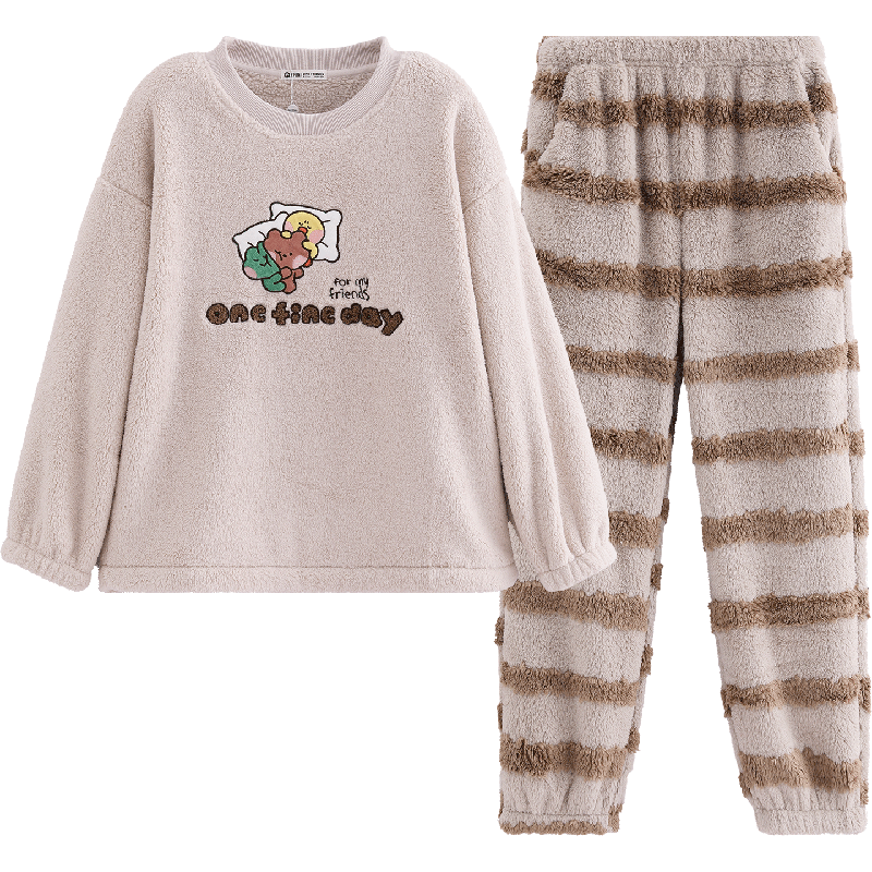 FENTENG Brown Bear Couple's Fleece Lined Thick Plus Size Loungewear For Autumn/winter Pajama Set Women's