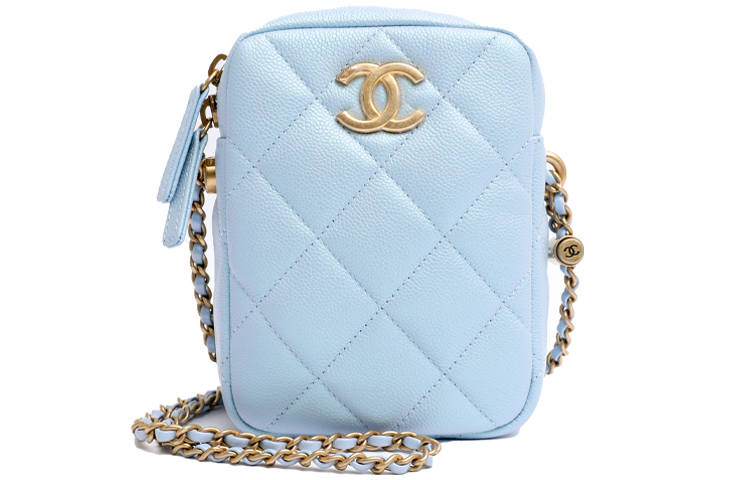 CHANEL 21K Winter Cow Leather Shoulder Bag, Crossbody Bag Women's Light Blue