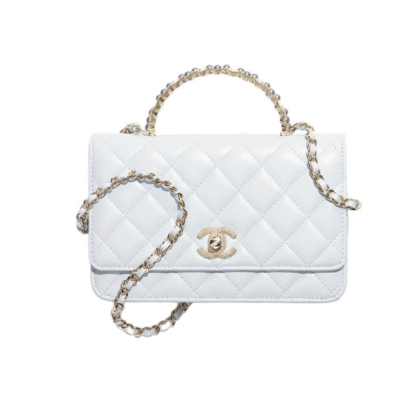 CHANEL Bright Crinkle Lambskin Artificial Pearl Metal Shoulder Bag, Crossbody Bag, Handbag Women's Light Gray