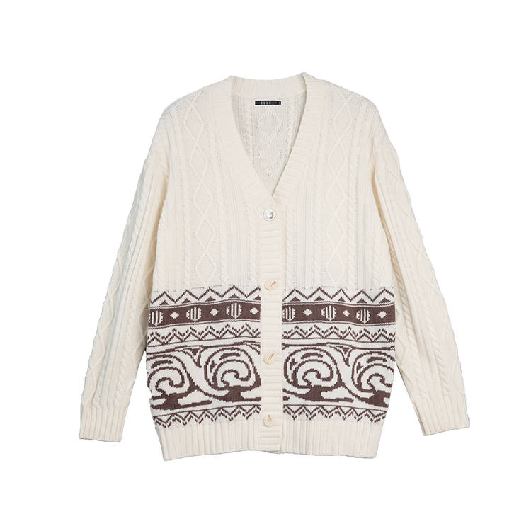 ELLE Sweaters Women's Beige Coffee V Neck Moderate Cardigan