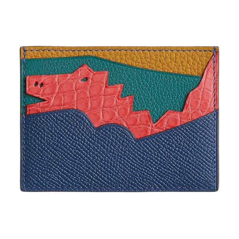 HERMES Calfskin Goatskin With Crocodile Leather Card Holder Unisex Multicolor & Blue