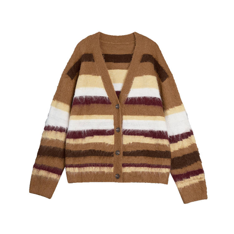 ELLE Knitwear Women's Stripes V Neck Moderate Cardigan