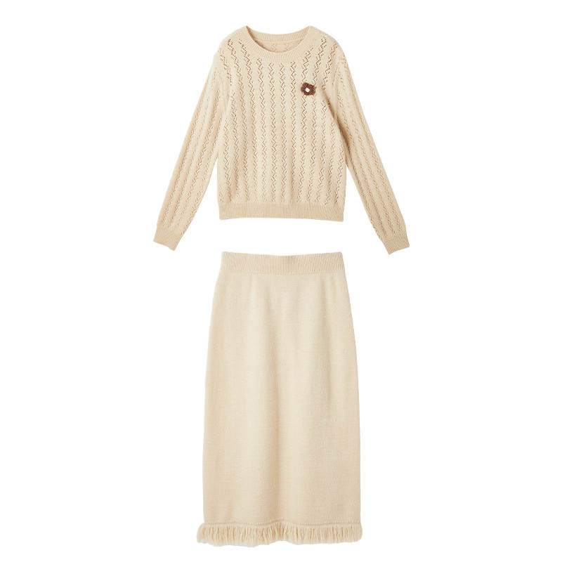 XIANGYING Two Piece Skirt Sets Women's Light Khaki Crew Neck Moderate Mid Length
