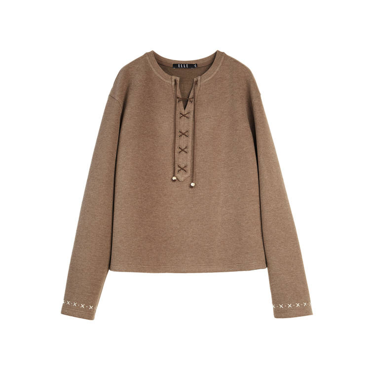 ELLE Sweatshirts Women's Coffee V Neck Moderate Regular