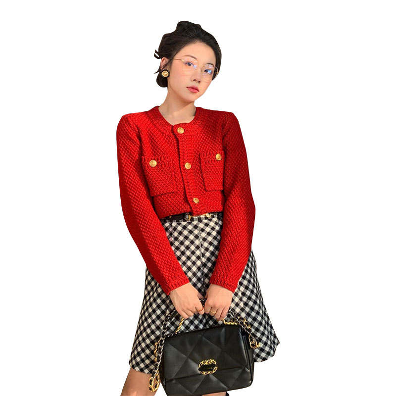 VENICEW Knitwear Women's Rum Black Tea With VN Brand Sticker Crew Neck Moderate Cardigan
