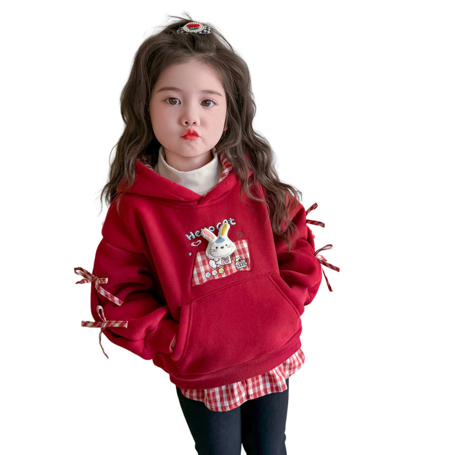 Lanza Casual Sweatshirt Winter Fleece Lined Patchwork Plaid Cartoon Bunny Top Children Aged 3 7 Years Old
