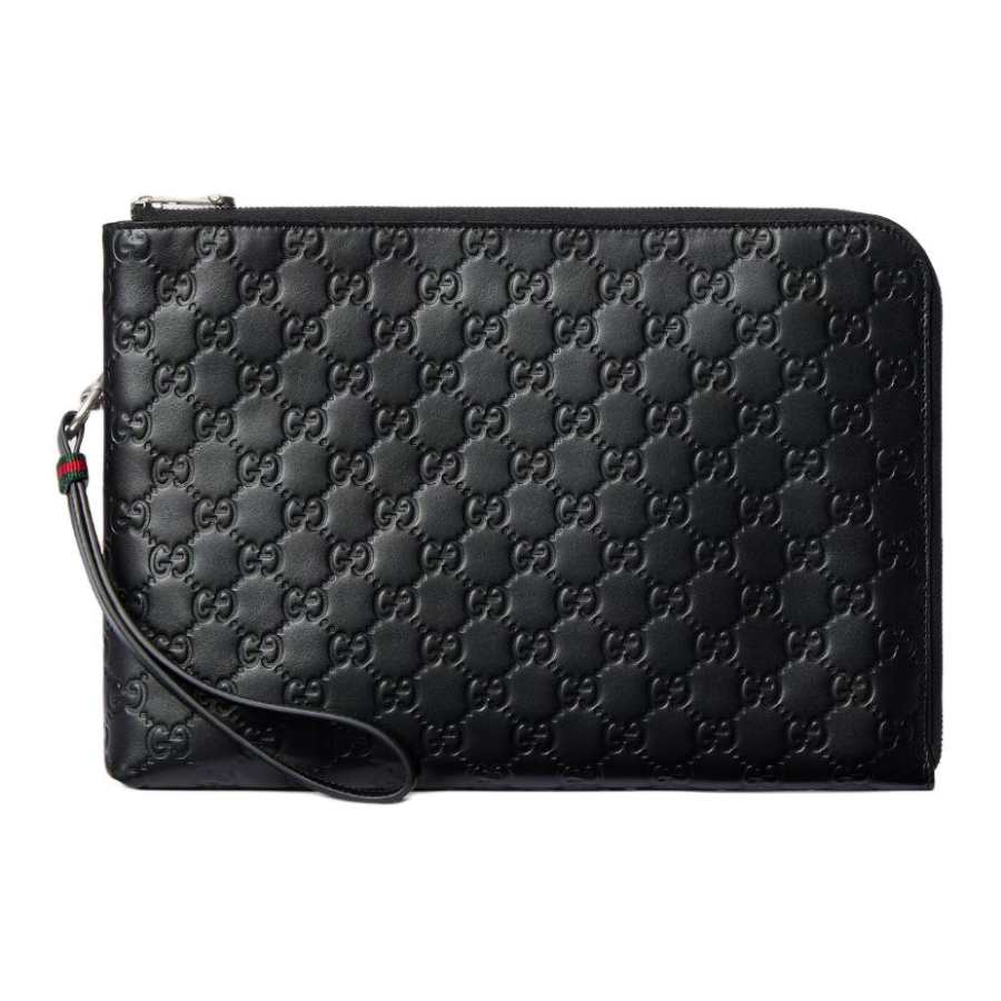 GUCCI GG Emblem Cow Leather Clutch Men's Black