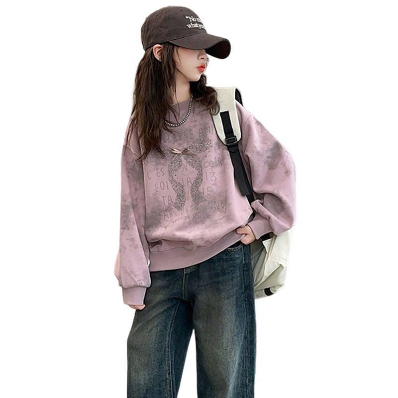 Lanza Casual Sweatshirt Winter Fleece Lined Urban Chic Style Bowknot Print Top Teenagers