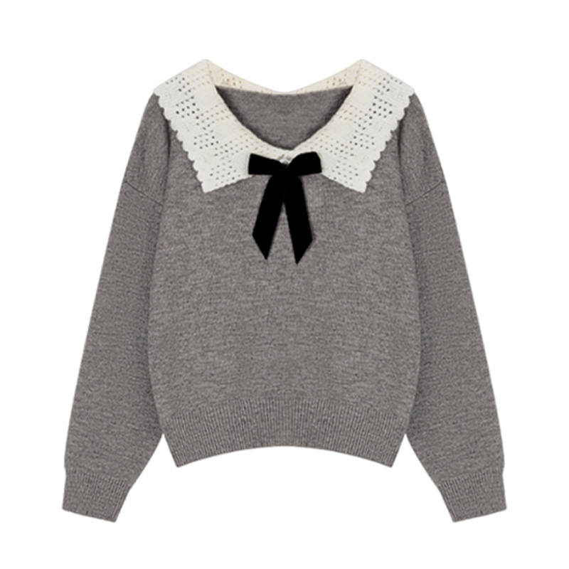 VENICEW Knitwear Women's Gray With VN Brand Sticker Peter Pan Collar Moderate Base Layer