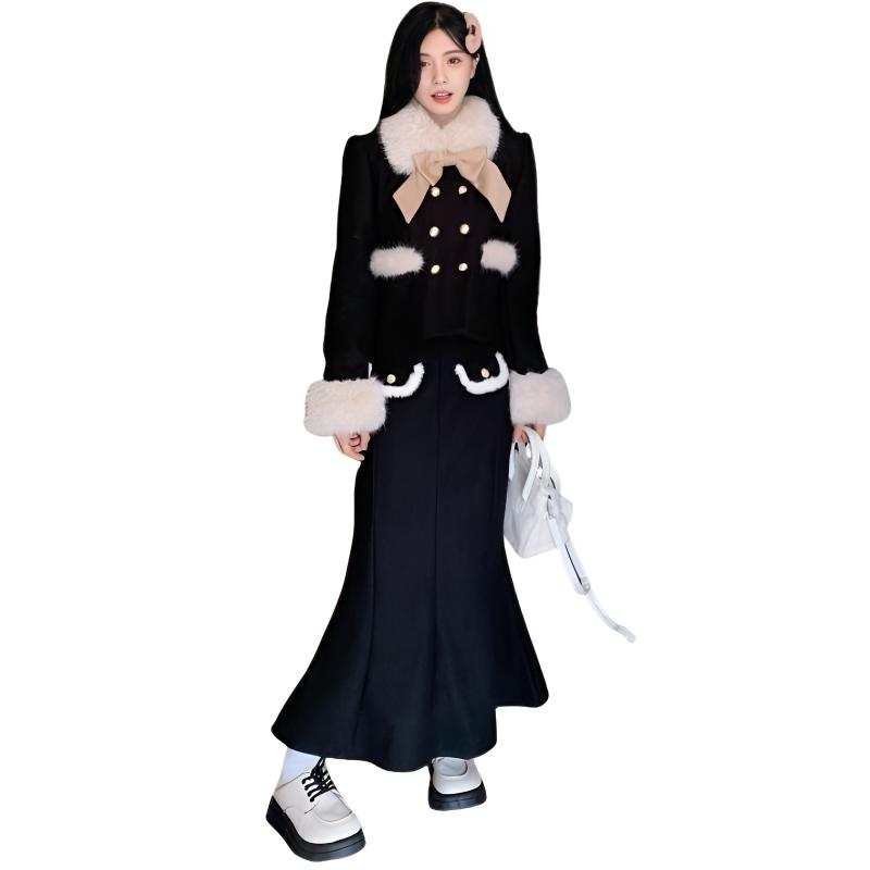 SIXUSICHOU Two Piece Skirt Sets Women's Fur Collar Moderate Mid Length