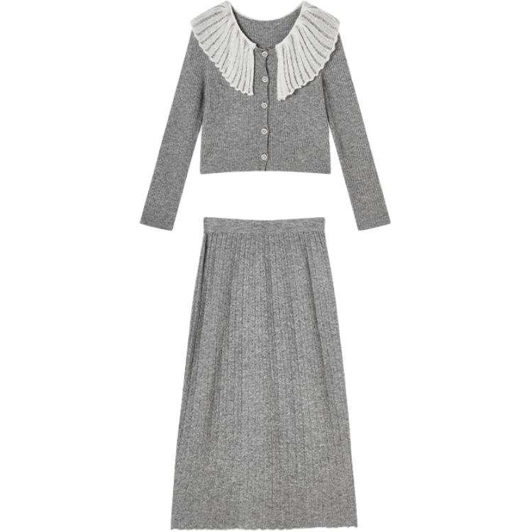 XIANGYING Two Piece Skirt Sets Women's Medium Gray Crew Neck Moderate Mid Length