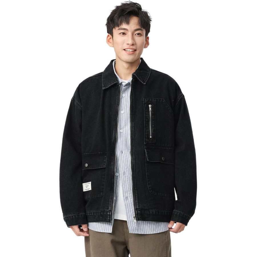 Tonlion Denim Jackets Unisex Black Lapel Moderate Straight Fit