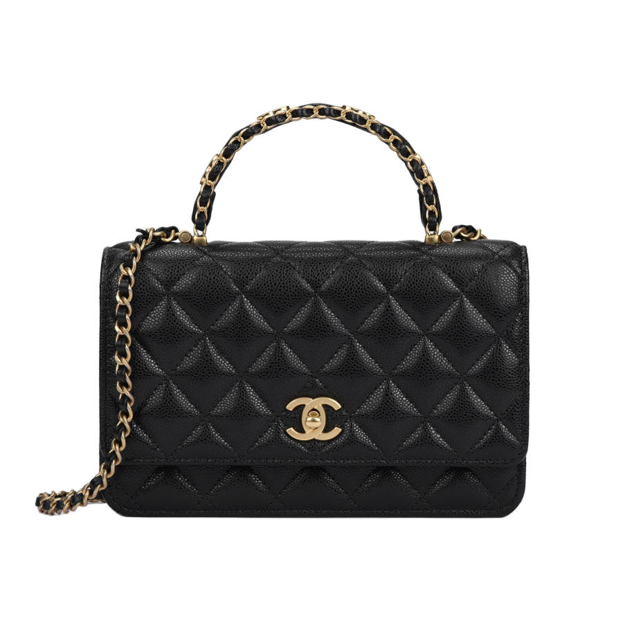 CHANEL Grain Cow Leather Material Gold Metal Handbag Women's Black