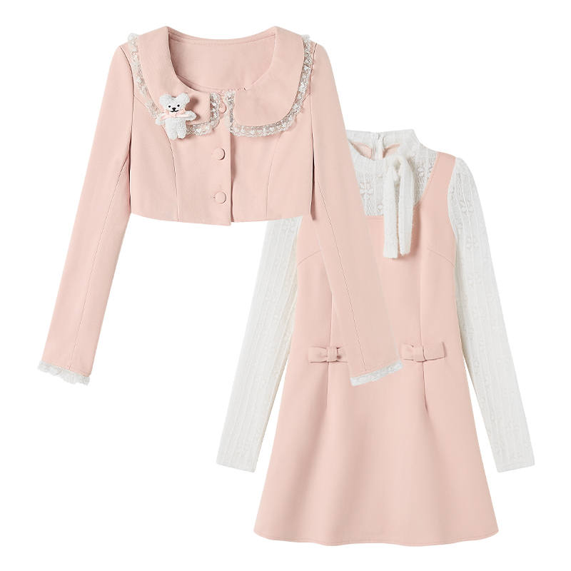 FABRIC PIG Two Piece Skirt Sets Women's Stand Collar Moderate Short