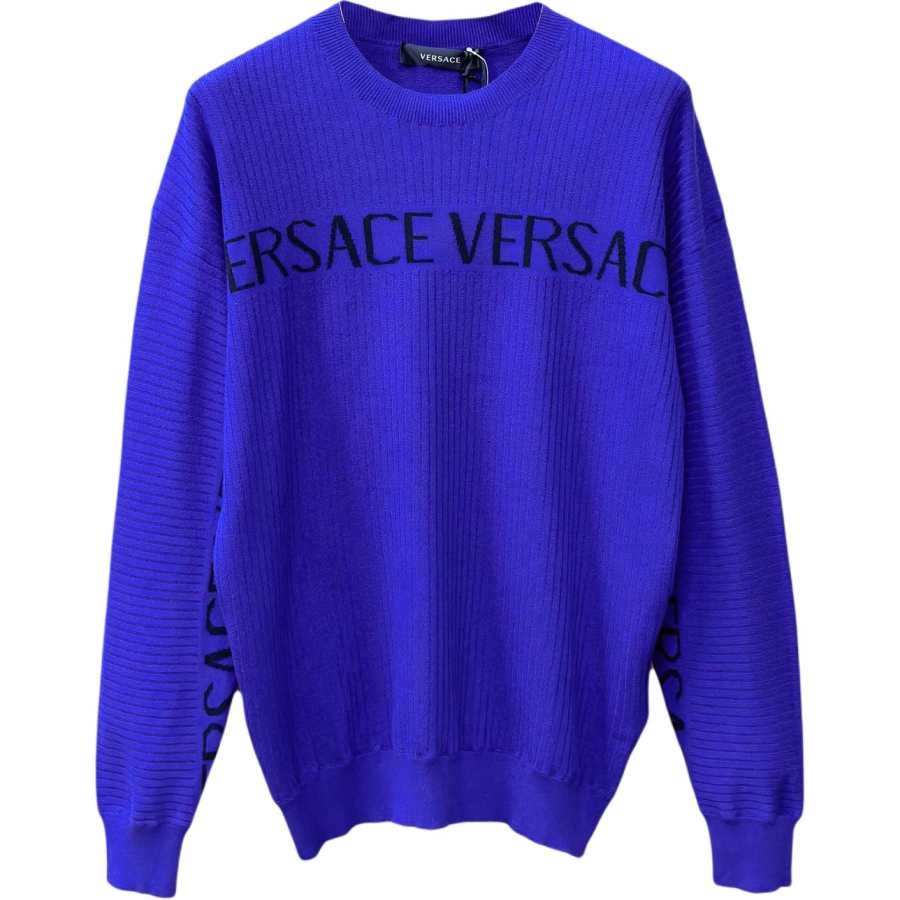 VERSACE Knitwear Men's Blue Crew Neck Moderate Straight Fit