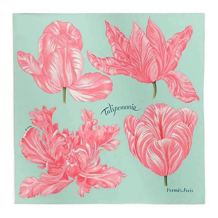 HERMES Hand Rolled Hem Scarves Women's Verona Green/Deep Rose/White