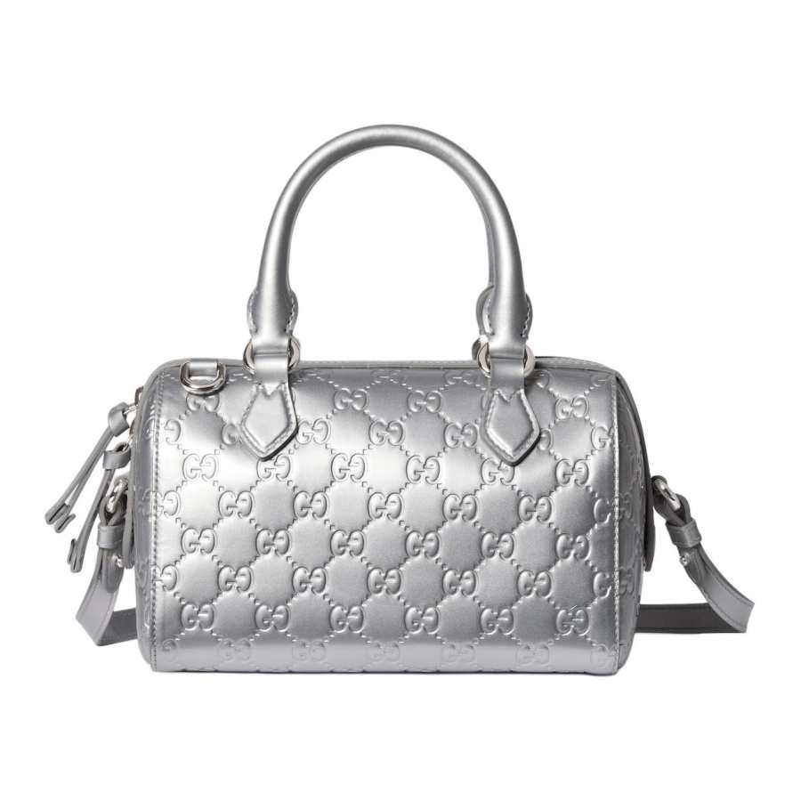 GUCCI GG Emblem Patent Leather, Leather Handbag Small Women's Silver