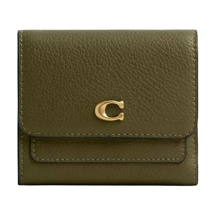 COACH Polished Pebble Leather Wallet Small Women's Brass & Olive