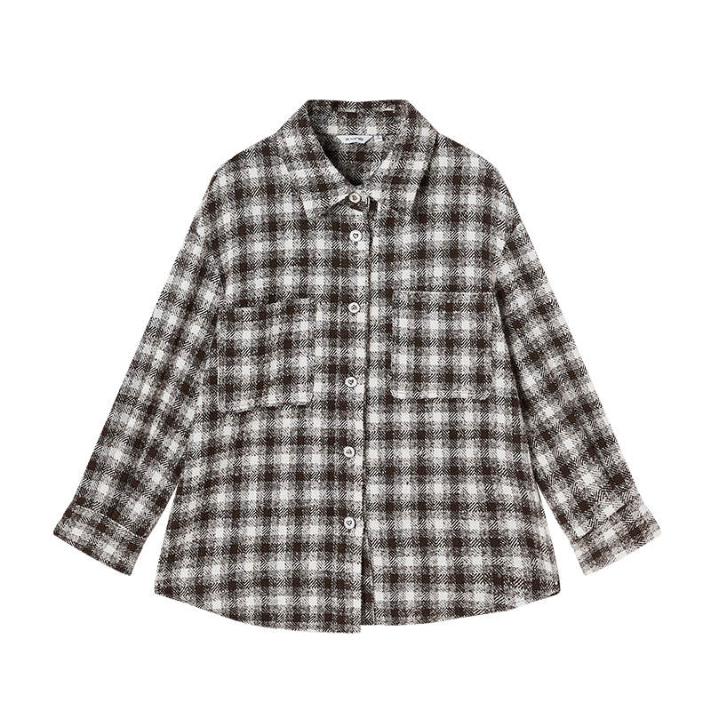 XIANGYING Shirts Women's Coffee Plaid Lapel Thickened Workwear