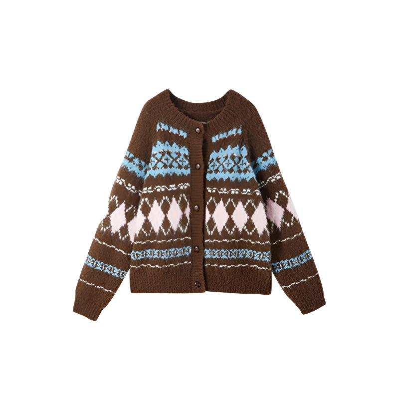 XIANGYING Sweaters Women's Coffee Crew Neck Thickened Cardigan