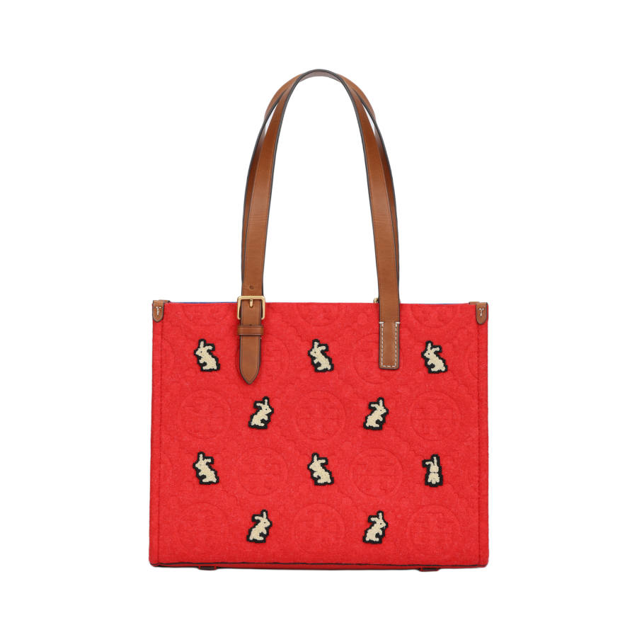 TORY BURCH T Monogram Leather Trim Handbag Regular Women's Red