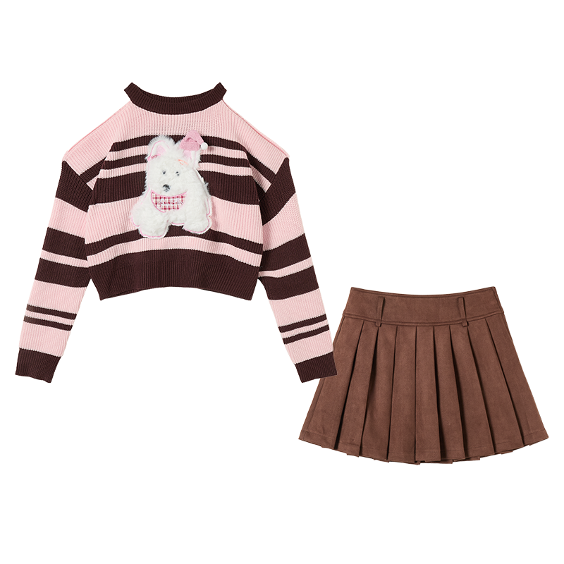 FABRIC PIG Two Piece Skirt Sets Women's Pink Stripes Sweater+Brown Skirt+Leg Warmer Crew Neck Moderate Short