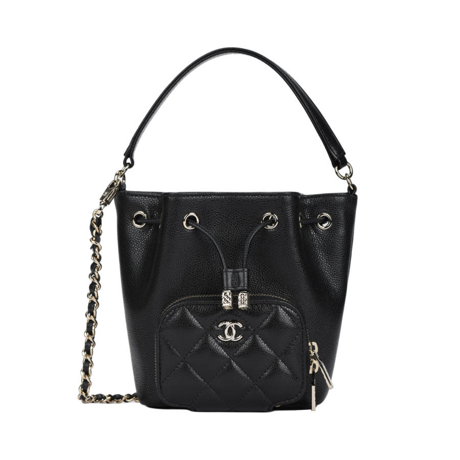 CHANEL Grain Cow Leather Material Gold Metal Handbag Women's Black