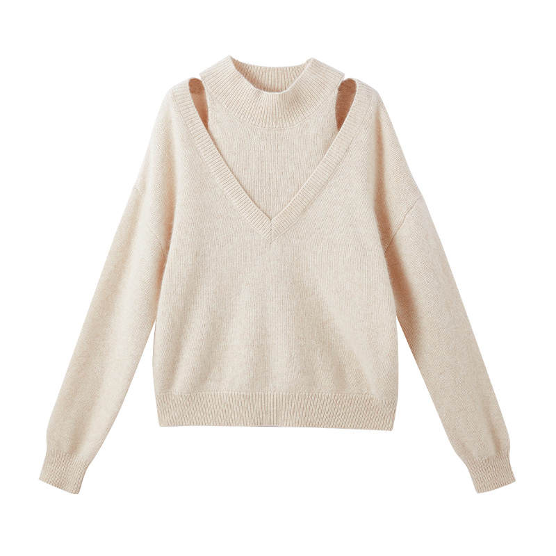 XIANGYING Knitwear Women's Khaki Crew Neck Thickened Mock Two Piece