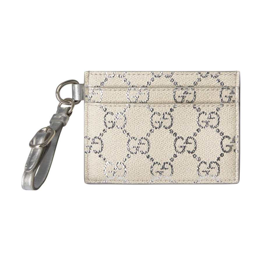 GUCCI GG Emblem Coated Textile, Leather Card Holder Women's Light Beige & Silver