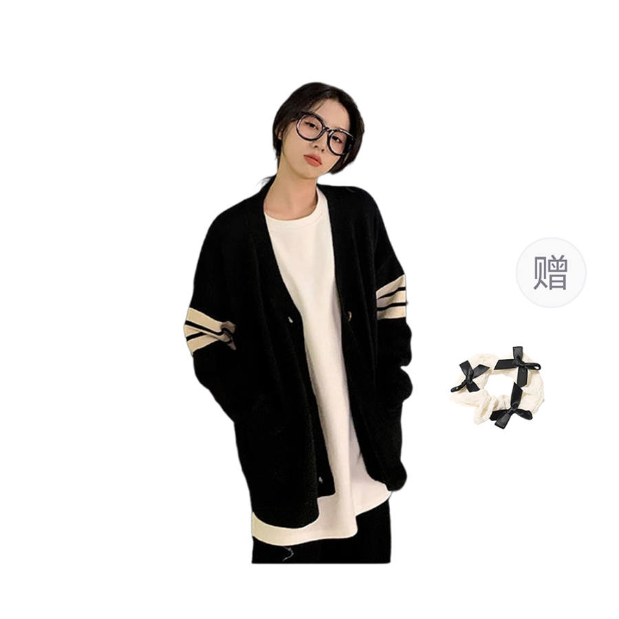 CPAURA Knitwear Women's Black+Hair Tie Comes With V Neck Thickened Cardigan