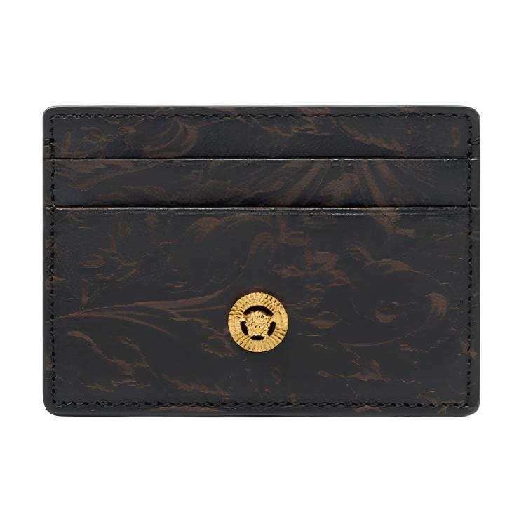 VERSACE Barocco Cow Leather Card Holder Men's Black & Gold