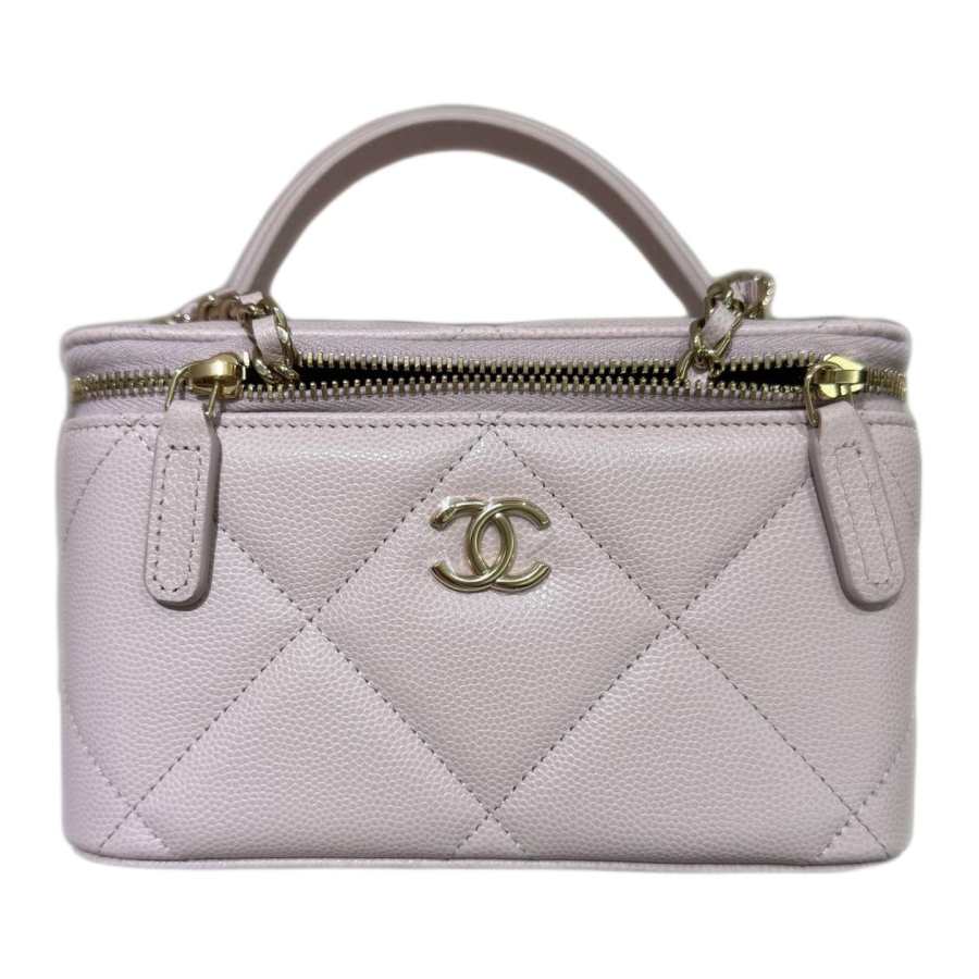 CHANEL Calfskin Makeup Bag Women's Taro Purple