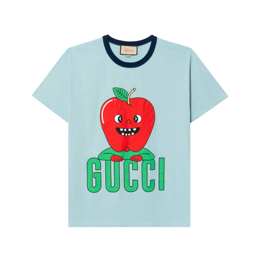 GUCCI Gucc SS24 Apple Print Cotton T-Shirt Light Blue