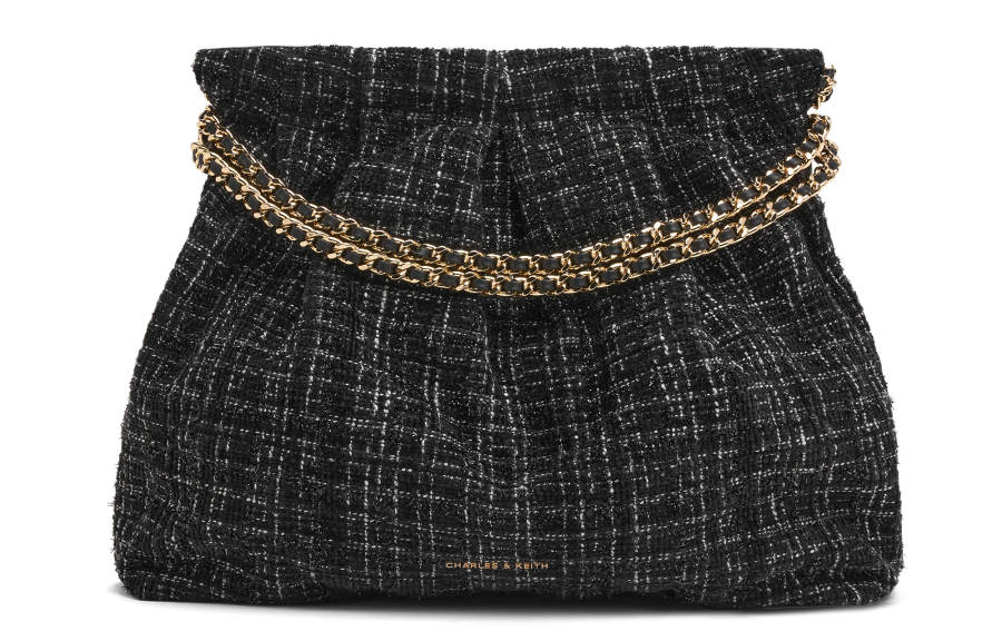 CHARLES&KEITH Fabric Hobo Bag Shoulder Bag Large Women's Black Tweed Black/White