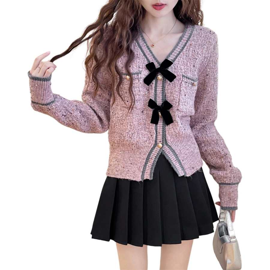 Tonlion Knitwear Women's Pink V Neck Moderate Cardigan