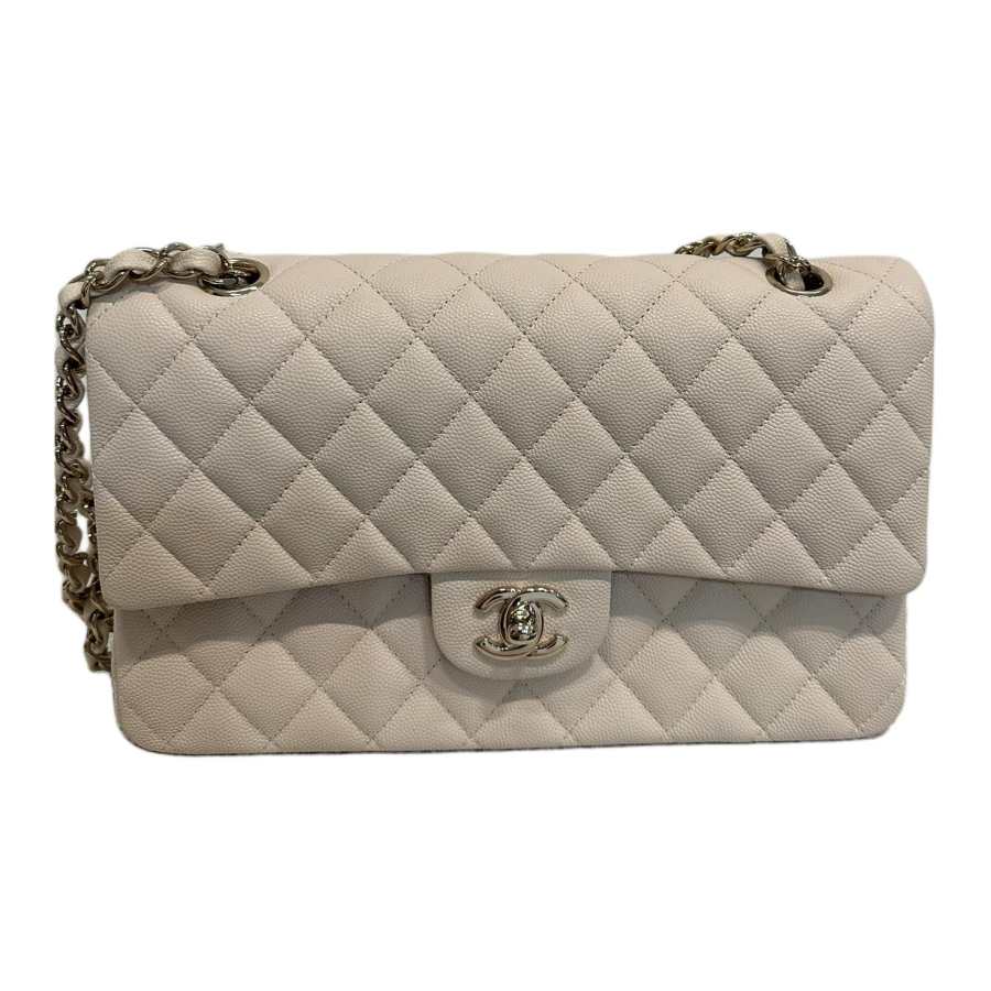 CHANEL Classic Flap CF Litchi Cow Leather Crossbody Bags Medium Women's Beige