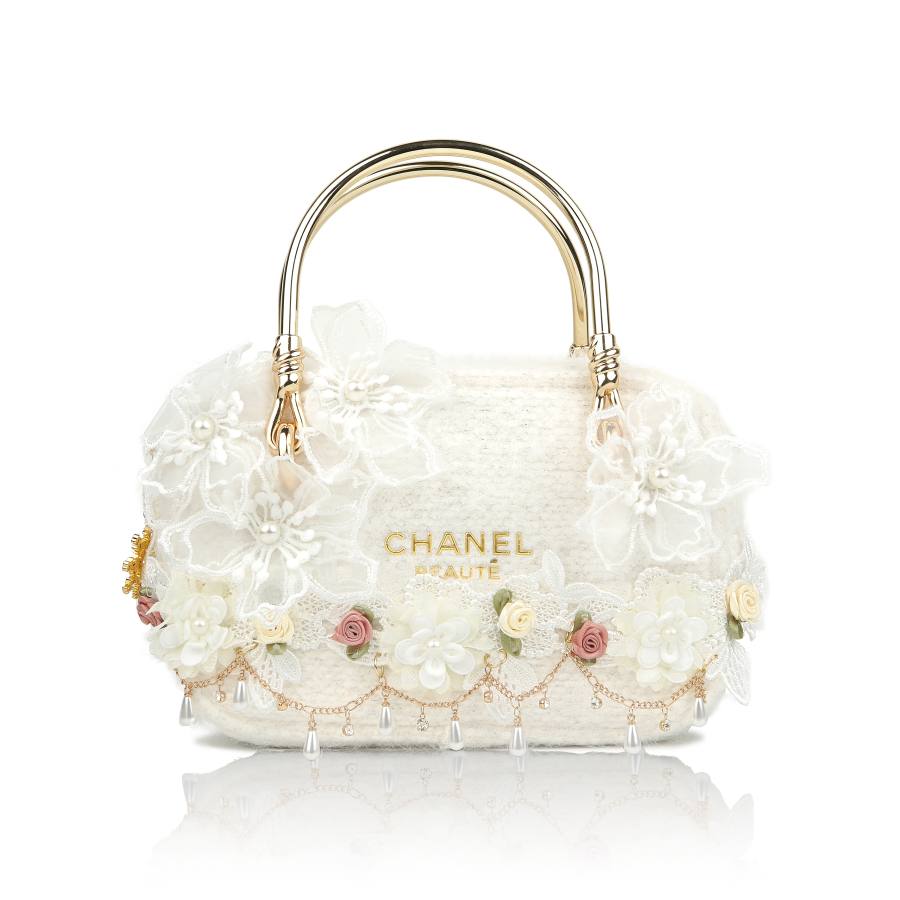 CHANEL Custom Makeup Bag Jiudi, White Gold Garden, Lace, Floral, Elegant, Embroidery One Shoulder Handbag