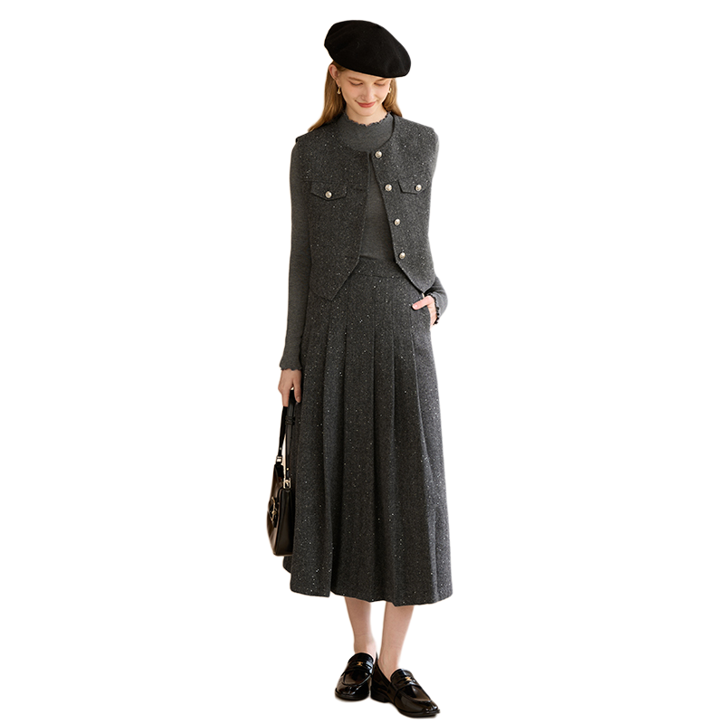 XIANGYING Two Piece Skirt Sets Women's Dark Gray Crew Neck Moderate Mid Length