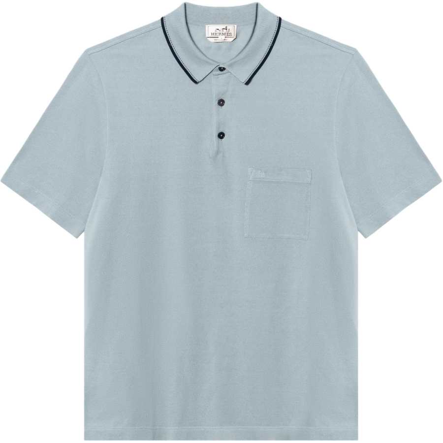 HERMES Polo Shirts Men's Cyan Polo Collar Moderate