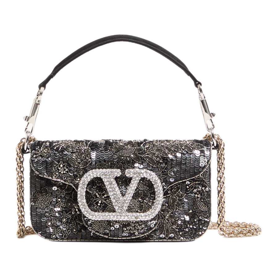 Valentino Locò Satin Fabric Handbag Small Women's Black & Silver
