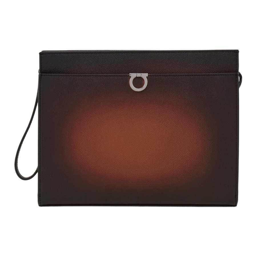 FERRAGAMO Gancini Calfskin Clutch Men's Cognac Brandy