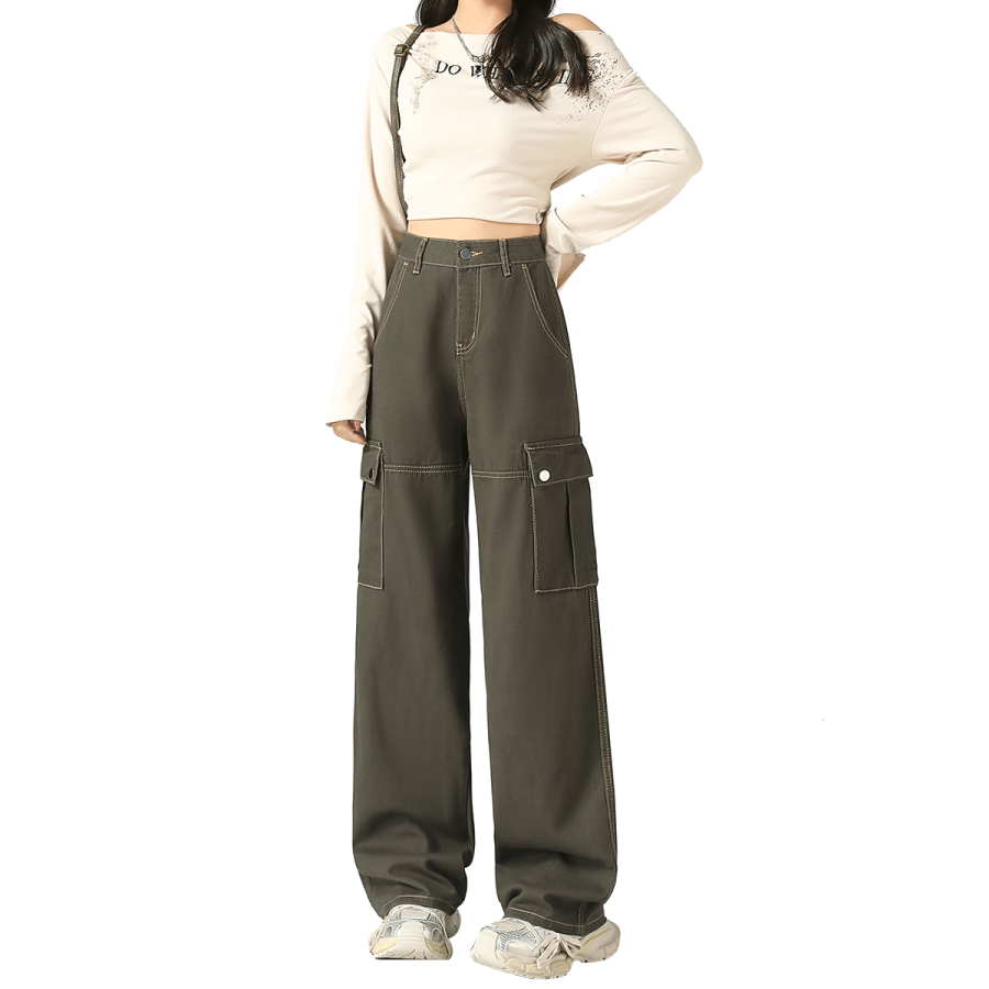 Tonlion Jeans Women's Gray Green Moderate Straight Fit Pants