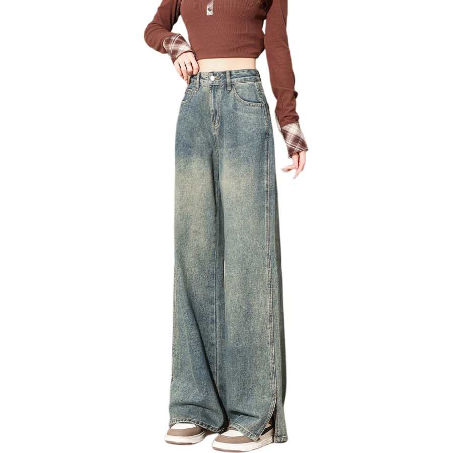 Tonlion Jeans Women's Vintage Blue Thickened And Fleece Lined Wide Leg Pants