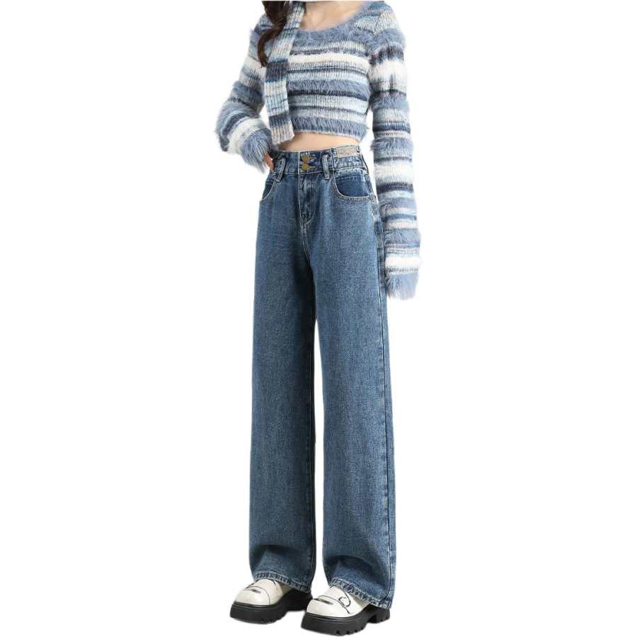 Tonlion Jeans Women's Medium Blue Thickened And Fleece Lined Wide Leg Pants
