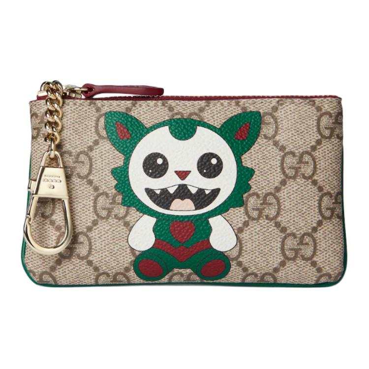 GUCCI Coated Fabric Key Pouch Women's Beige & Dark Brown
