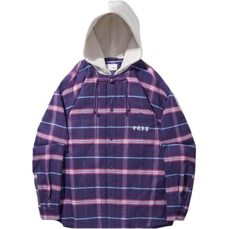 Li-Ning Li Ning Puffer Jackets Men's Blue Purple Plaid Hooded Moderate Puffer Jacket