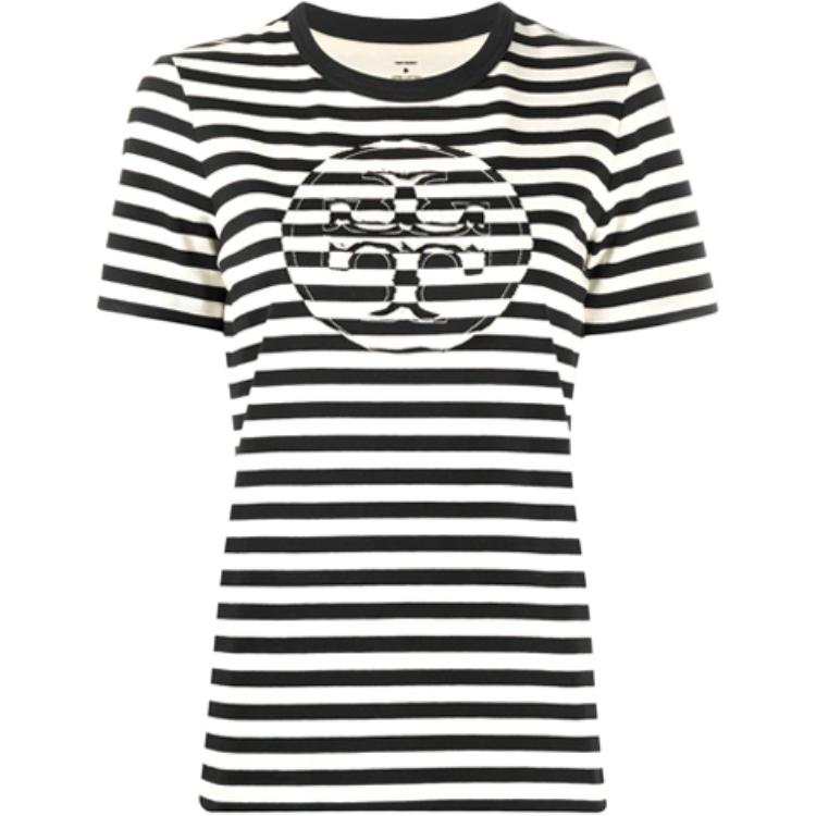 TORY BURCH FW21 Crew Neck Striped Short Sleeved T Shirt T Shirt Women's Black