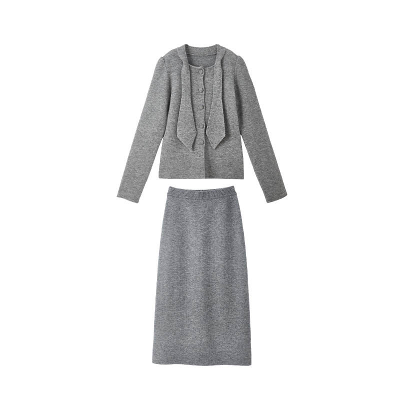 XIANGYING Two Piece Skirt Sets Women's Dark Gray Ribbon Collar Moderate Mid Length