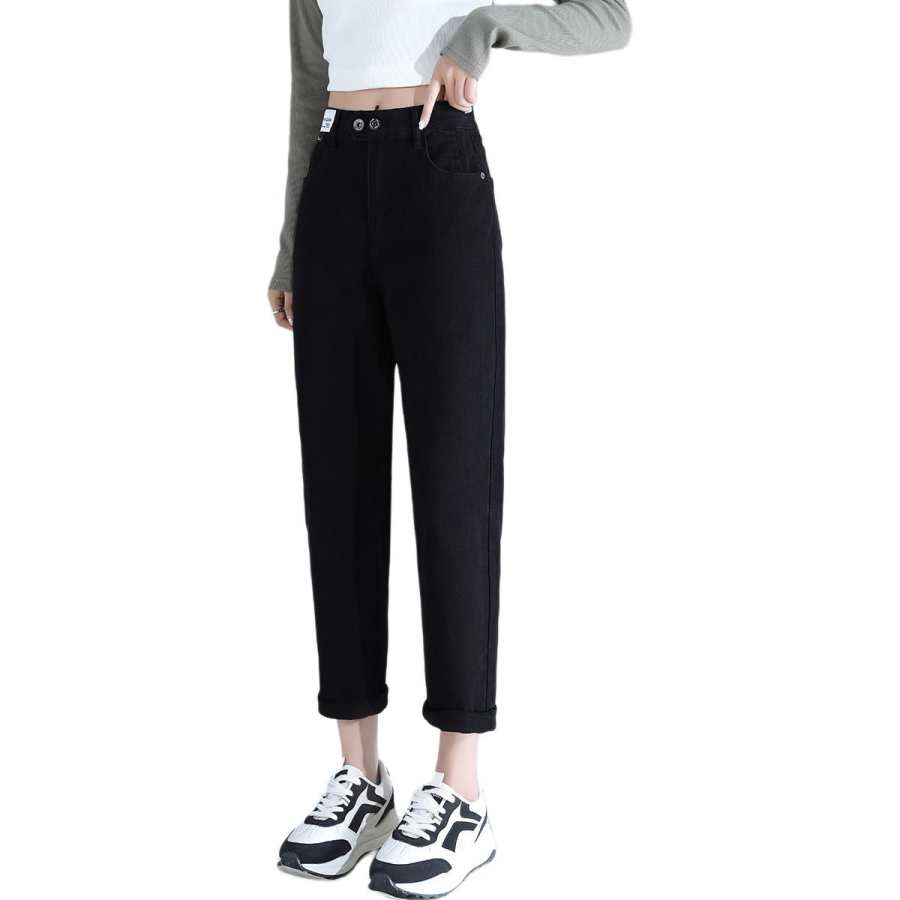 Tonlion Jeans Women's Black Thickened And Fleece Lined Tapered Pants