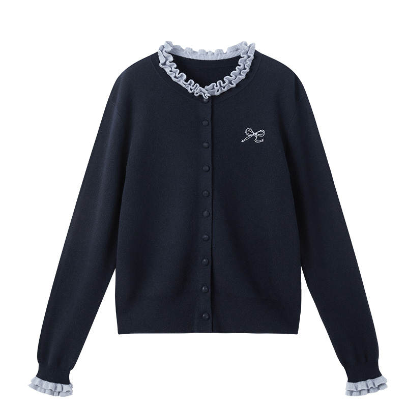 XIANGYING Sweaters Women's Navy Blue Stand Collar Moderate Cardigan
